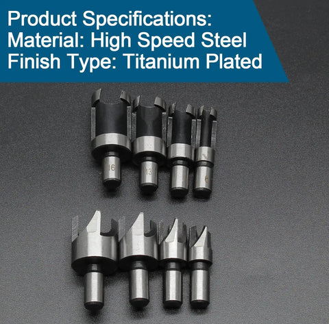 Top Tier 8 Piece Hardwood Plug Cutter Bit Set Features Standard And Four Tooth Chamfered Heads For Smooth Joint Repairs Made From Heavy Duty Carbon Steel That Knocks Out Tough Drilling Chores With Zero Sweat And Killer Longevity, High Speed Steel, Titanium Plated