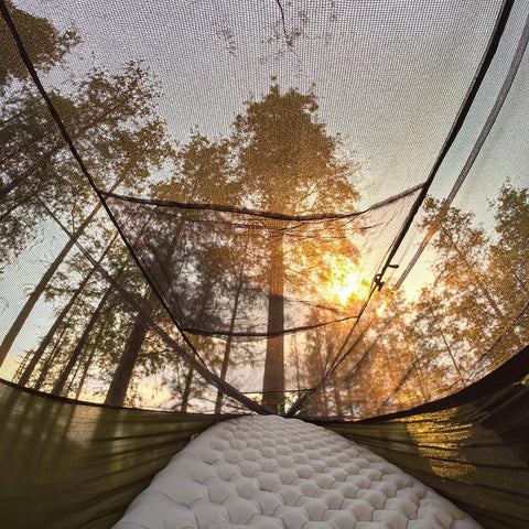 View from inside Bug Free Camping Hammock With Mosquito Net, sunset through breathable mesh shelter in forest, ultralight design