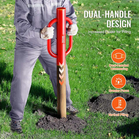 Fence Post Driver And Pounder With Ergonomic Handles, 22Lb Heavy Duty Workhorse Carbon Steel Post Rammer, 4.11 Inch Inner Diameter, Red.