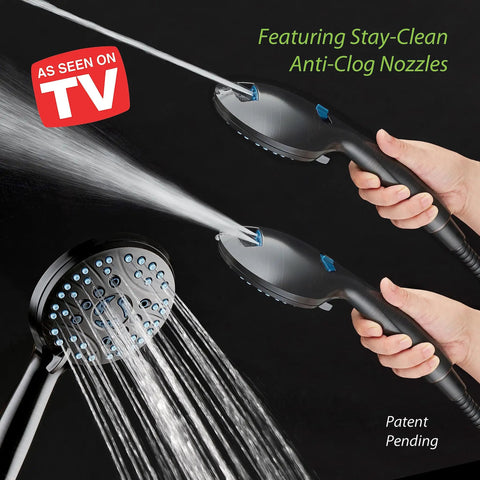 Boss High Pressure Shower Head Duo Handheld And Rain Heads With 50 Modes in use showing anti-clog nozzles in action.