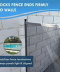 Hella Sturdy Pool Fence Wall Mount Kit For Inground Swimming Pools featuring heavy duty steel anchors securing mesh fence to a wall.