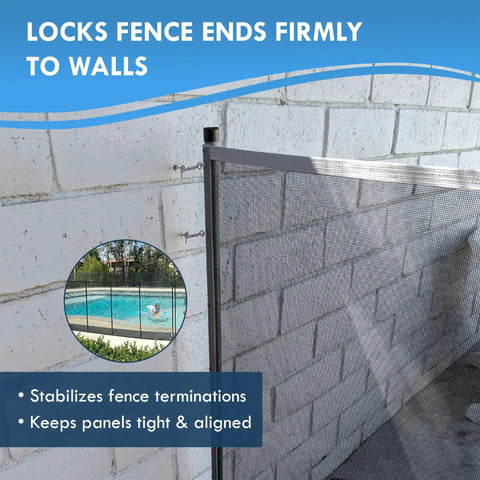 Hella Sturdy Pool Fence Wall Mount Kit For Inground Swimming Pools featuring heavy duty steel anchors securing mesh fence to a wall.