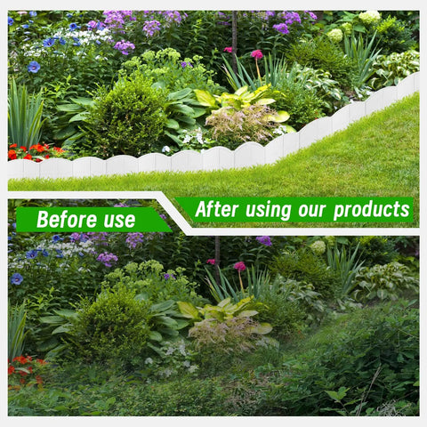 Comparison showing before and after using White 30 Foot Landscape Edging Kit With 30 Stakes For Lawn And Flower Bed Borders.