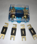 300A ANL Dual Digital Gold Plated Distribution Block Fuse Holder For Car Audio with four fuses and digital voltmeter display