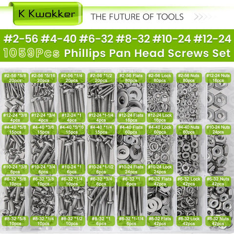 Hella Durable 1059 Piece Stainless Steel Screw And Nut Assortment Kit With Phillips Pan Head Machine Fasteners Flat And Lock Washers 304 Grade Hardware Tray organized by size and type.