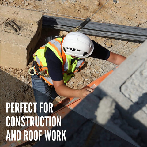 Worker using Warthog Construction Safety Harness For Fall Protection With Back D Ring Chest And Leg Buckles Fall Indicators.