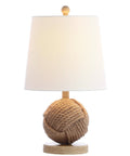 Natural Monkey Fist Rope Ball LED Table Lamp 18 Inches Coastal Nautical Iron And Rope Accent With White Linen Shade Energy Saving LED Bulb Included Perfect For A Chill Living Room Or Bedroom Decor.