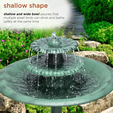 35 Inch Outdoor Pedestal Water Fountain With 3 Tier Cascade, Durable Resin Birdbath For Garden Patio Deck And Backyard Green Finish, Calming Water Feature For Yard Ambiance And Garden Decor