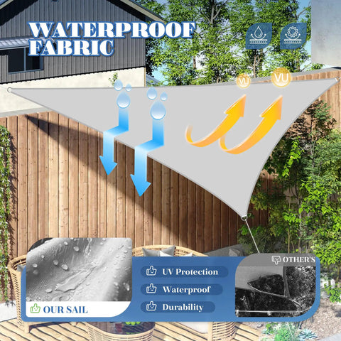 Heavy Duty Waterproof Sun Shade Sail Triangle Canopy 16 By 16 By 16 Feet With UV Protection shown installed in a garden