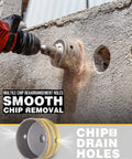 TGFTGF 13PCS Concrete Hole Saw Kit front view; drill with tungsten carbide masonry hole saw cutting a concrete wall