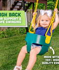 Deluxe High Back Bucket Toddler Swing With Pinch Free Design And Safe Chain, Triangle Guard, green bucket swing in use