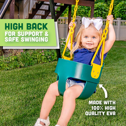 Deluxe High Back Bucket Toddler Swing With Pinch Free Design And Safe Chain, Triangle Guard, green bucket swing in use