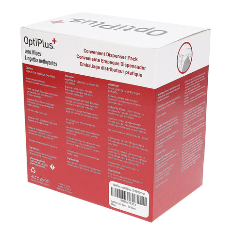 OptiPlus Lens Wipes box, red/white packaging, pre-moistened cleaning wipes for glasses, 252 count.
