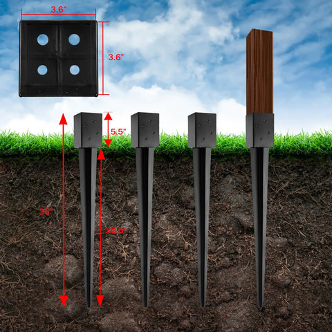 4x4 Fence Post Ground Spike Anchor 36 Inch Steel Black Powder Coated No Dig Install Mailbox Post Anchor Fits Three Point Five By Three Point Five Lumber Hammer In Or Drill Ready With Included Driver Bit, shown with measurements and installation stages