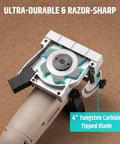 Close-up of Smooth Operator 8.5 Amp Biscuit Joiner with 4" tungsten carbide tipped blade and depth adjustment feature.