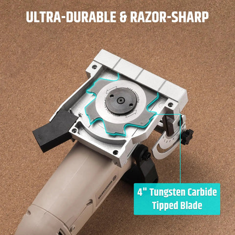 Close-up of Smooth Operator 8.5 Amp Biscuit Joiner with 4" tungsten carbide tipped blade and depth adjustment feature.