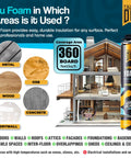 Hardcore Expanding Foam Insulation Kit Slams Shut Wall And Attic Cracks Blocks Pesky Drafts illustration of usage areas including metal, wood, and drywall.