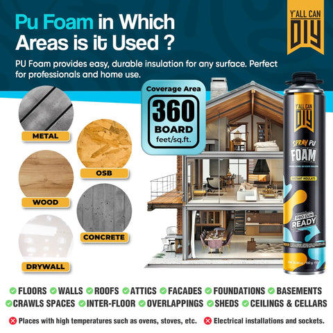 Hardcore Expanding Foam Insulation Kit Slams Shut Wall And Attic Cracks Blocks Pesky Drafts illustration of usage areas including metal, wood, and drywall.