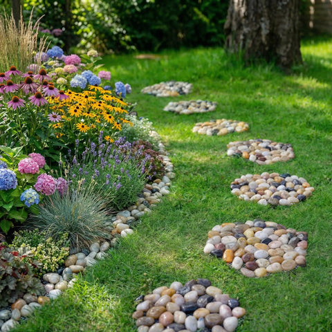 River Rock Stepping Stones Set Of 6 Hexagon Outdoor Garden Path Pavers Polished Pebbles Dope Mosaic Style Landscape Stones in garden