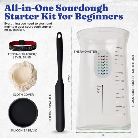 Sourdough Starter Kit With 37 Oz Wide Mouth Glass Jar For Bread Making Feeding Band With Time Markers Cloth Cover Spatula And Thermometer Durable Glass Jar Set For Beginner Friendly Home Bakers