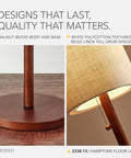 Walnut Wood Floor Lamp With Beige Linen Shade For Cozy Home Vibes, Mid Century Modern Style detail of base and shade close-up