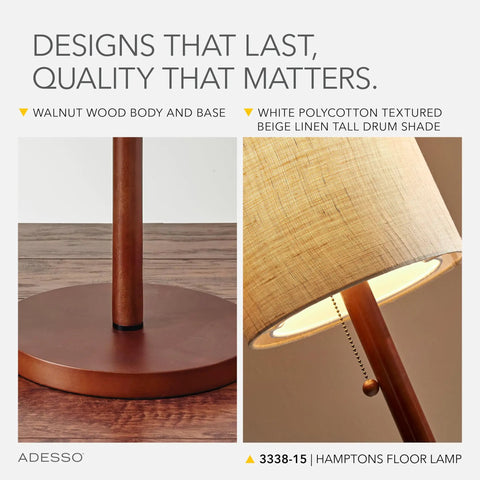 Walnut Wood Floor Lamp With Beige Linen Shade For Cozy Home Vibes, Mid Century Modern Style detail of base and shade close-up