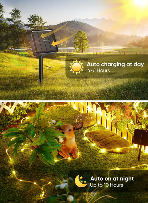 Solar Rope Lights 39Ft 100LED Outdoor String Lights IP65 Waterproof, charging in day and lighting at night in garden