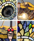 Close-up of Sunniva Dragonfly Tiffany-Style Two-Light Dark Bronze Semi-Flush Ceiling Fixture with stained glass details