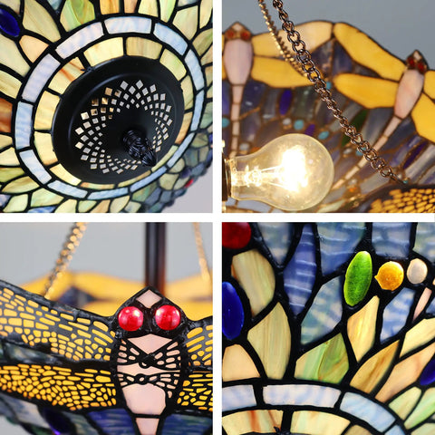 Close-up of Sunniva Dragonfly Tiffany-Style Two-Light Dark Bronze Semi-Flush Ceiling Fixture with stained glass details