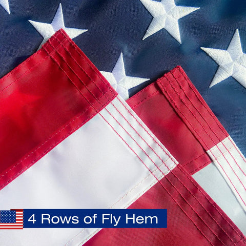 Close-up of USA Flag 2.5x4 Ft Pole Sleeve Banner Style with Embroidered Stars and Sewn Stripes Heavy Duty Durable Polyester