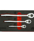 120 Tooth Ratchet Set With 1/4-Inch, 3/8-Inch, And 1/2-Inch Drives in black foam tray, ergonomic handles visible