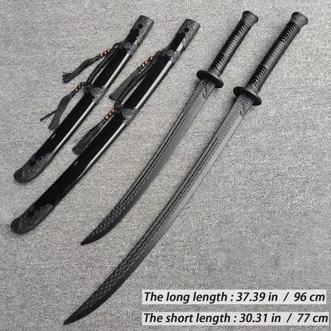 Two Pack High Strength Polypropylene Practice Swords For Martial Arts Training with Sheath Belt and Display Stand on gray fabric