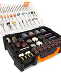 Front view of WEN 282-piece rotary tool accessory kit with clear lid and orange-latched black carry case.