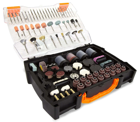 Front view of WEN 282-piece rotary tool accessory kit with clear lid and orange-latched black carry case.
