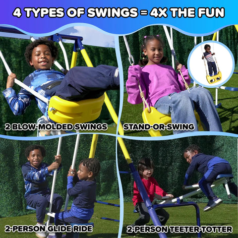 Ultimate Backyard Swing Set With 5 Ft Wave Slide, Two Swings, Glider, Teeter Totter, Standing Swing, 6.1 Ft Steel Frame, Outdoor Kids Playground