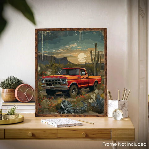 Steady Vintage Truck Wall Art Print For Rustic Home Decor, Classic 1950s Chevy Ford Pickup, Old School Truck Charm In Red, 11x14