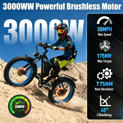 Rider on Beast Mode 3000W Dual Motor Electric Bike With 48V 25Ah Removable Battery climbing a steep hill