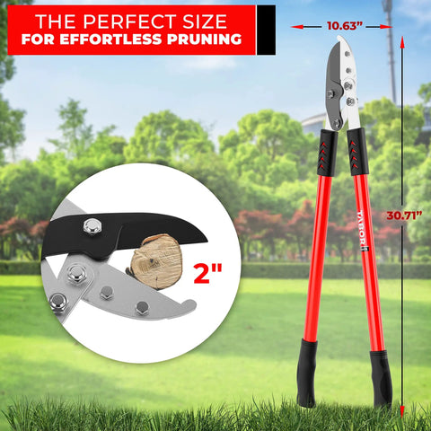 Anvil Lopper With Compound Action For Thick Branches, 19 Inch Aluminum Tree Trimmer in bright red handles with measurement chart.