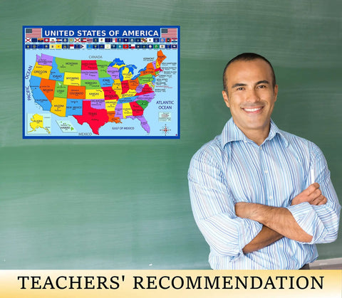 US Map Poster With All 50 State Flags Laminated 14x19.5 In Educational Wall Chart For Kids Classroom Decor With Capitals Abbreviations