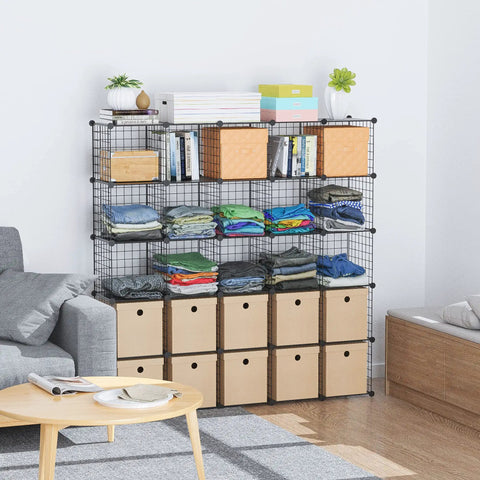 Dope Freely Combinable Wire Cube Storage Organizer Shelf 6 Cube System with clothes and boxes in a living room space