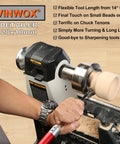 VINWOX 9-pc carbide wood lathe turning tool set in use; aluminum handles, detailer mounted on lathe turning a blank.