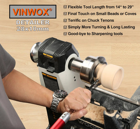 VINWOX 9-pc carbide wood lathe turning tool set in use; aluminum handles, detailer mounted on lathe turning a blank.