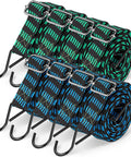 8 Pack 80 Inch Adjustable Flat Bungee Cords With Hooks And Buckles, Green/Black and Blue/Black Color Mix, Rolled with Metal Hooks