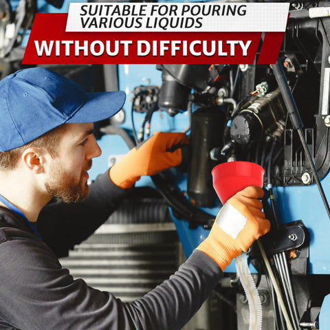Mechanic using Long 23 Inch Wide 3 Inch Funnel With Flexible Hose For Transmission Fluid And Engine Oil Reaches Deep Dipstick Tubes