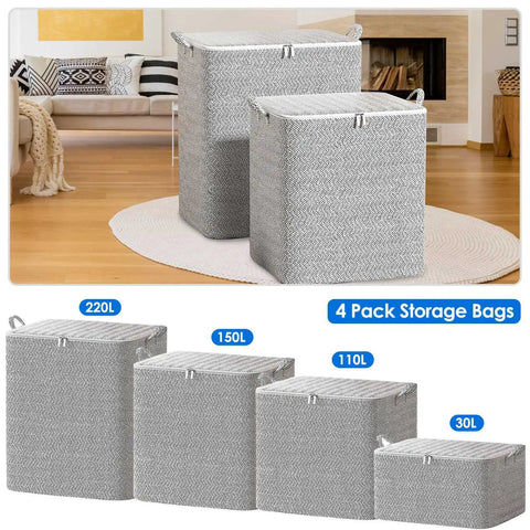 Straight Up Game Changing Foldable Storage Bags 4 Pack With Sturdy Handles Seasonal Closet Organizers Collapsible Garment Containers For Bulky Comforters And Totally Clutter Free Living Spaces, featuring four sizes of grey storage bags.