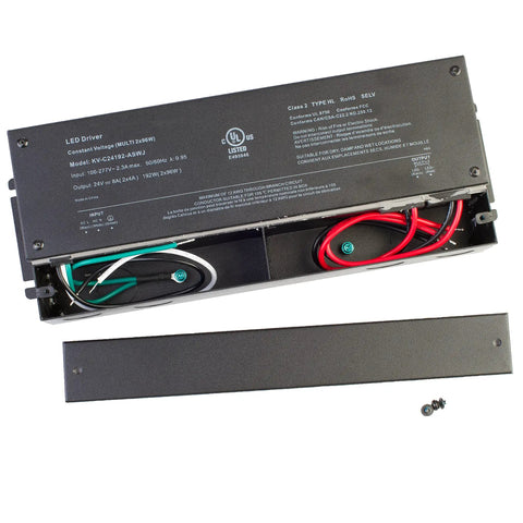 Back view of 24V 192W LED Power Supply Driver Non Dimmable Multi Channel Output 96W Per Channel Waterproof, showing wiring and UL label