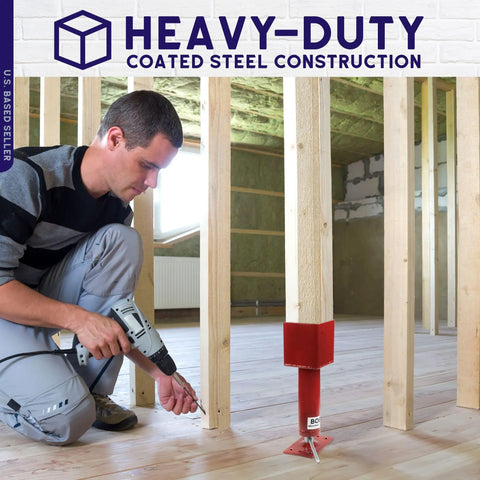 Man installing Adjustable Screw Jack Post 14.5-18.5 In for 4x4 beams in crawlspace renovations
