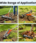 Wheeled Thatch Rake For Moss And Leaves in various lawn applications; stainless steel blades on grass, soil, and leaves.