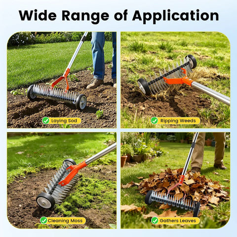 Wheeled Thatch Rake For Moss And Leaves in various lawn applications; stainless steel blades on grass, soil, and leaves.