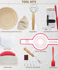 Sourdough Starter Kit With Glass Jar Banneton Bread Proofing Basket And 9 Inch Round Proofing Bowl For Home Bread Baking Set includes tools like banneton, dough whisk, scrapers, and silicone brush.